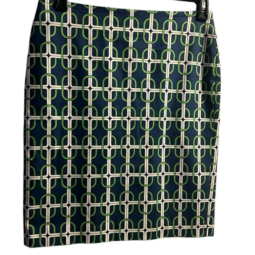 Talbots Petitis Size 8P  Blue Green Pencil Links Skirt Wedding Church Workwear